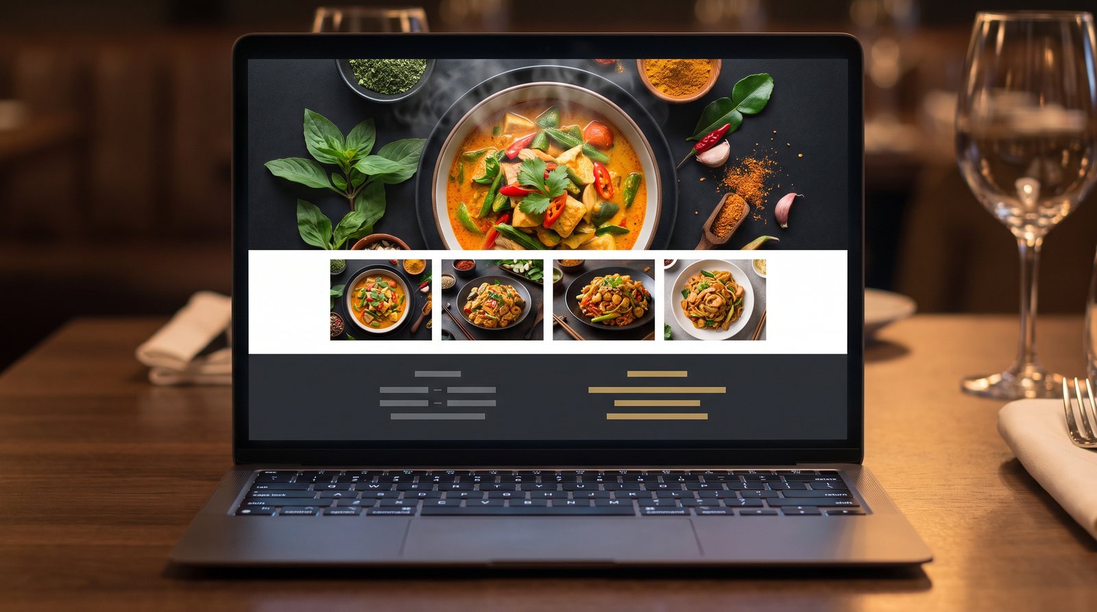 ตัวอย่างหน้าแรกเว็บไซต์ร้านอาหาร แสดงภาพอาหารจานเด่นเต็มความกว้าง และตารางภาพเมนูด้านล่าง